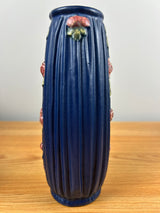 Weller Art Pottery Blue Drapery Vase Pink Roses 8" Tall Circa 1915