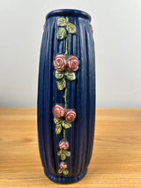 Weller Art Pottery Blue Drapery Vase Pink Roses 8" Tall Circa 1915
