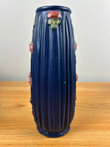 Weller Art Pottery Blue Drapery Vase Pink Roses 8" Tall Circa 1915