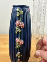 Weller Art Pottery Blue Drapery Vase Pink Roses 8" Tall Circa 1915