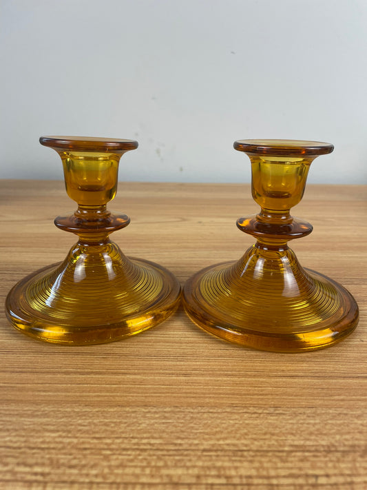 Vintage DG Indiana Glass Company Old English Threading Amber Candlesticks c.1930