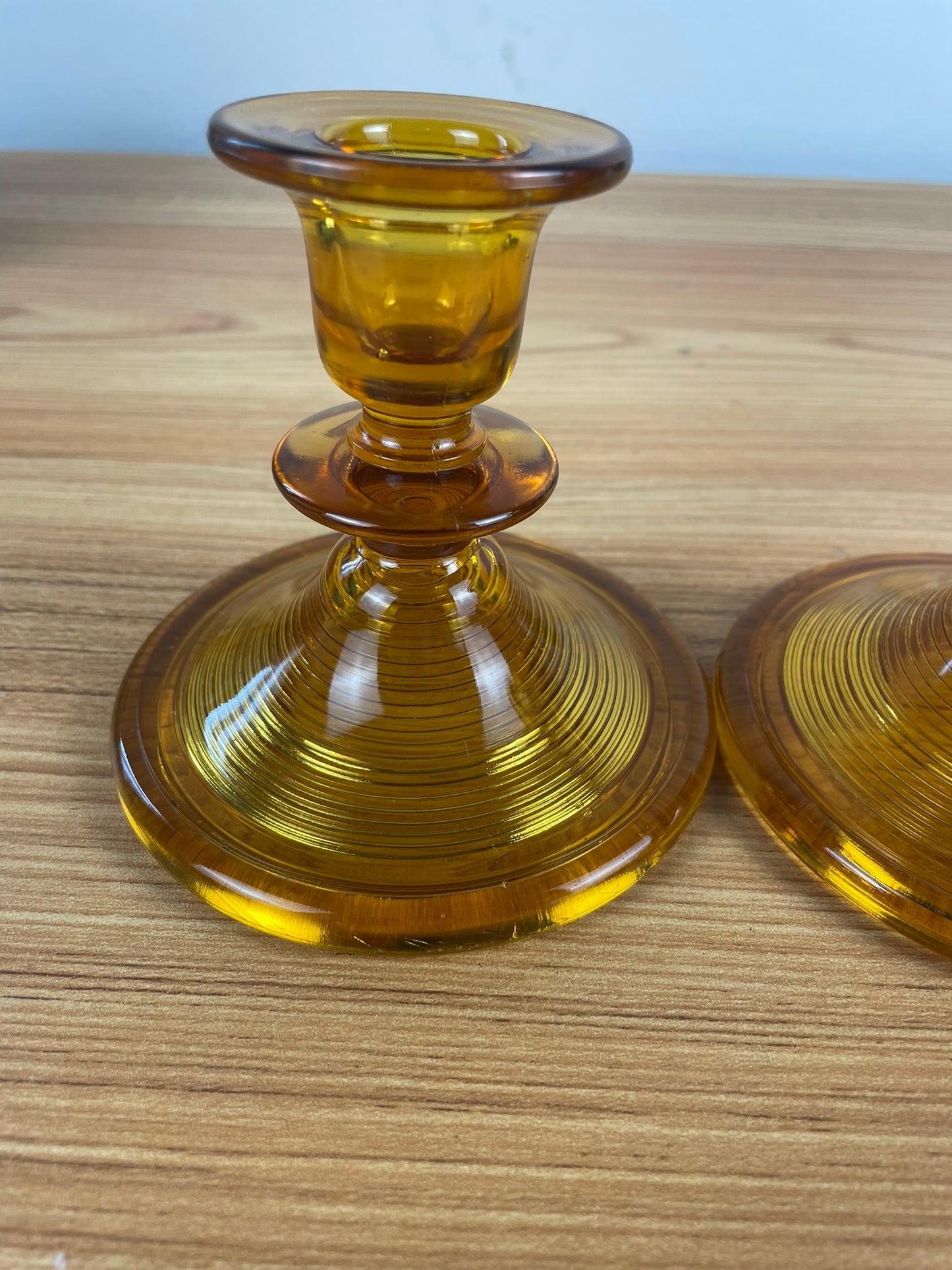 Vintage DG Indiana Glass Company Old English Threading Amber Candlesticks c.1930