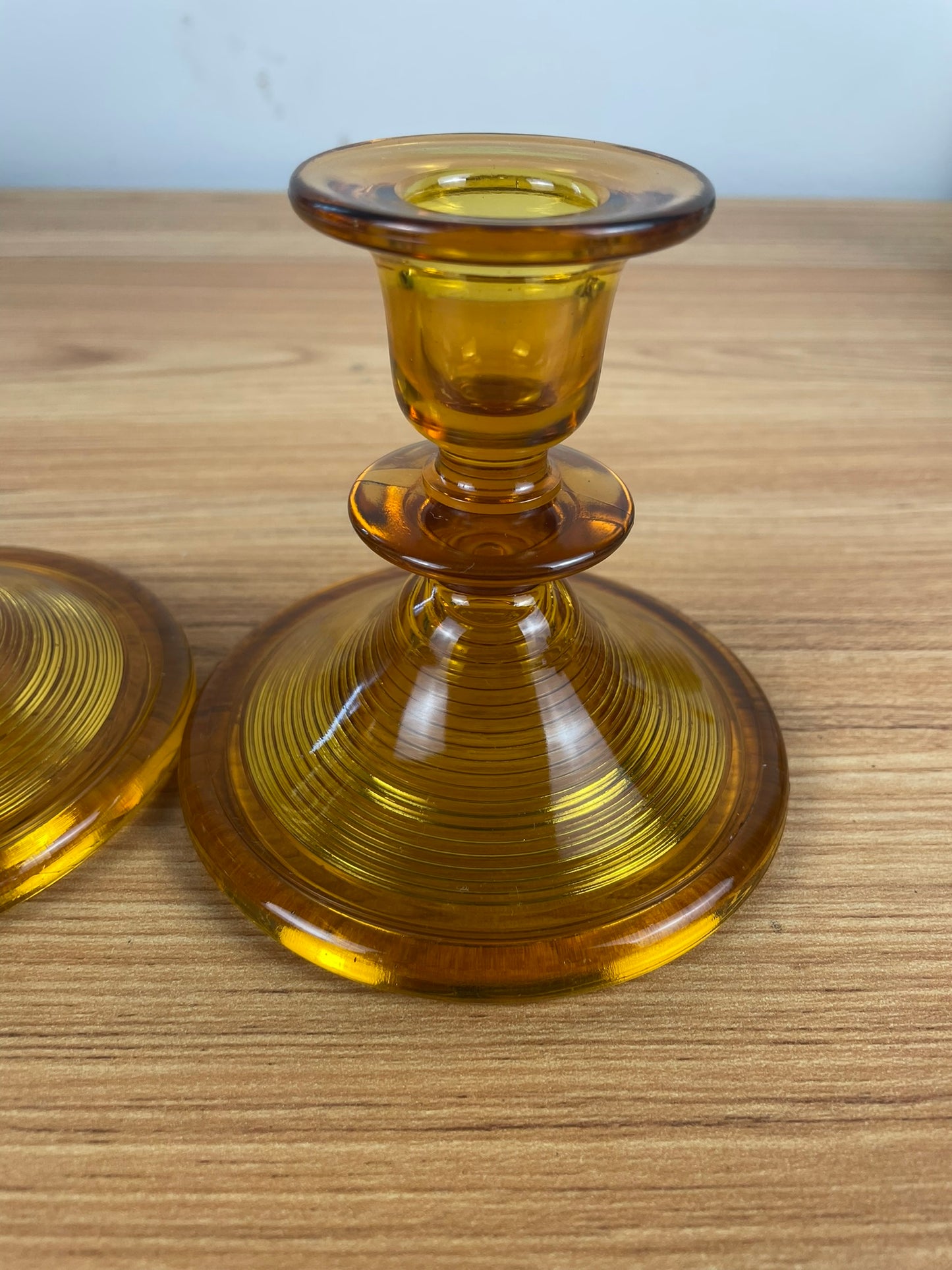 Vintage DG Indiana Glass Company Old English Threading Amber Candlesticks c.1930