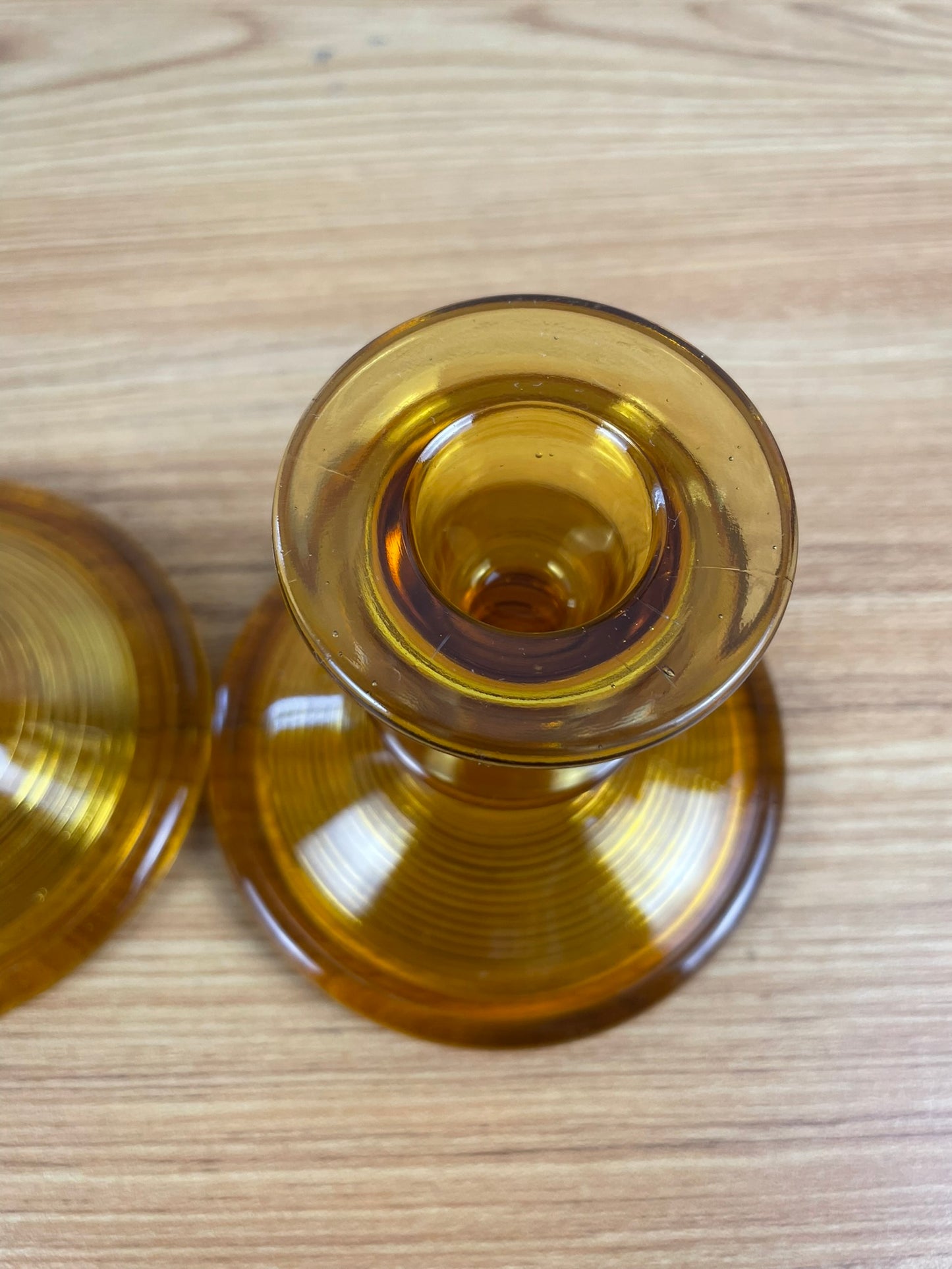 Vintage DG Indiana Glass Company Old English Threading Amber Candlesticks c.1930