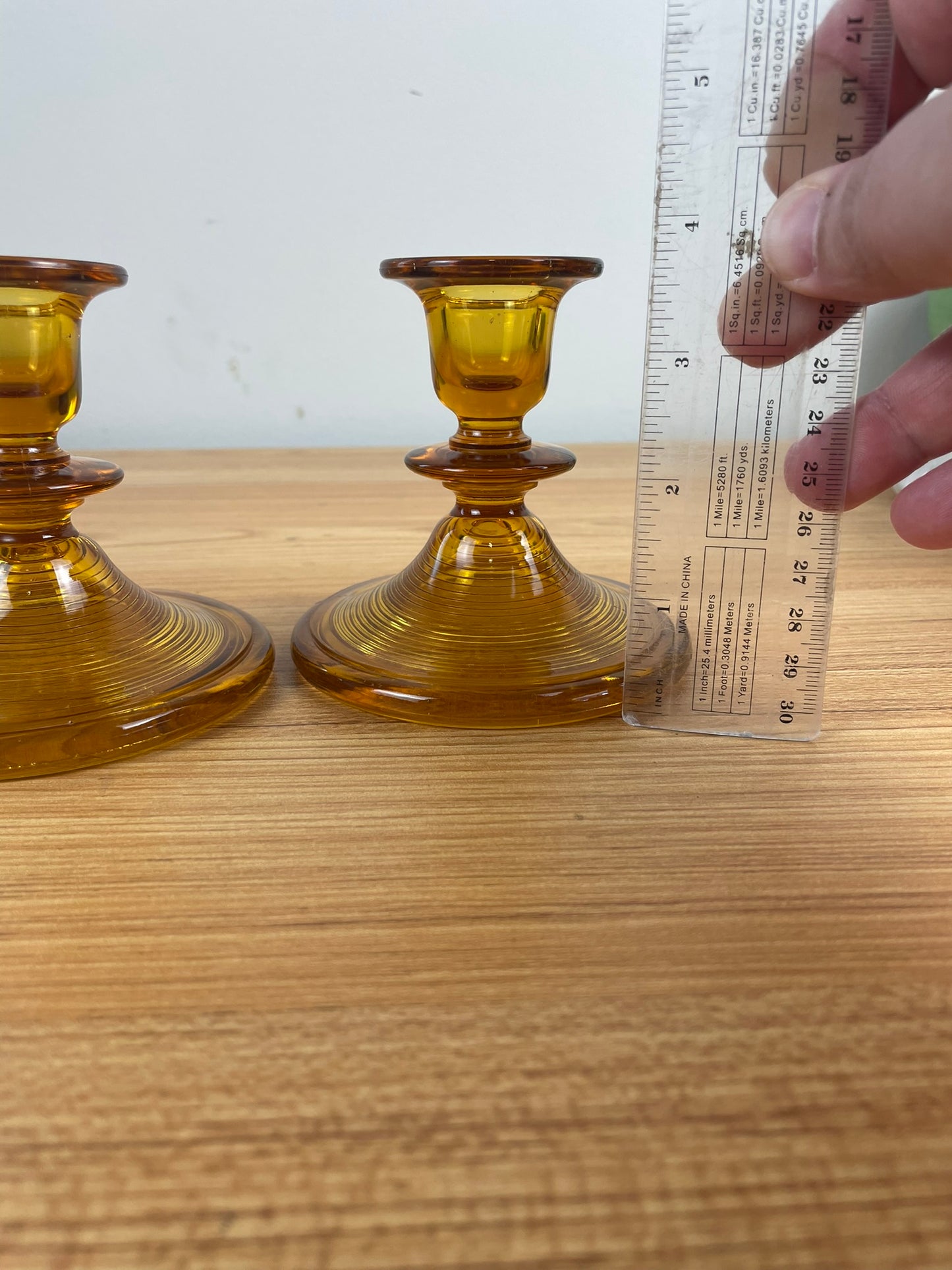 Vintage DG Indiana Glass Company Old English Threading Amber Candlesticks c.1930