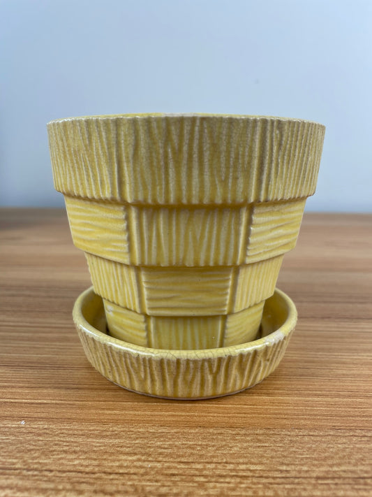 Vintage McCoy Mid Century Modern Art Pottery Yellow Basket Weave Flower Pot