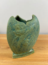 WELLER ART POTTERY FROSTED GREEN GLAZE ON ART DECO THREE SIDED TUTONE VASE